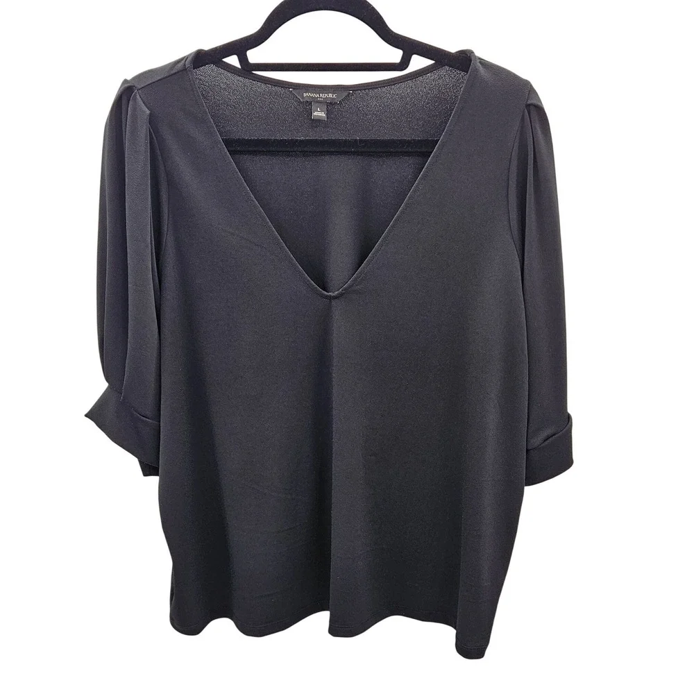 Banana Republic Womens Black V-Neck Puff Sleeve Crepe Blouse Size L Relaxed Fit